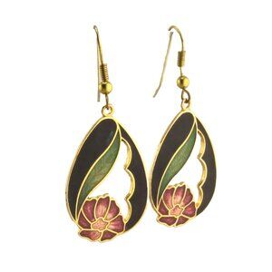 Vintage Cloisonne Flower Earrings Black Enamel Gold Tone Dangle Cut Outs